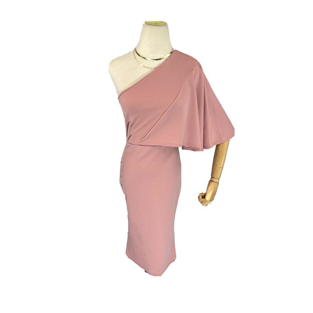 Club L London Size 6 US Pink One Shoulder Drape Sleeve Midi Dress Party